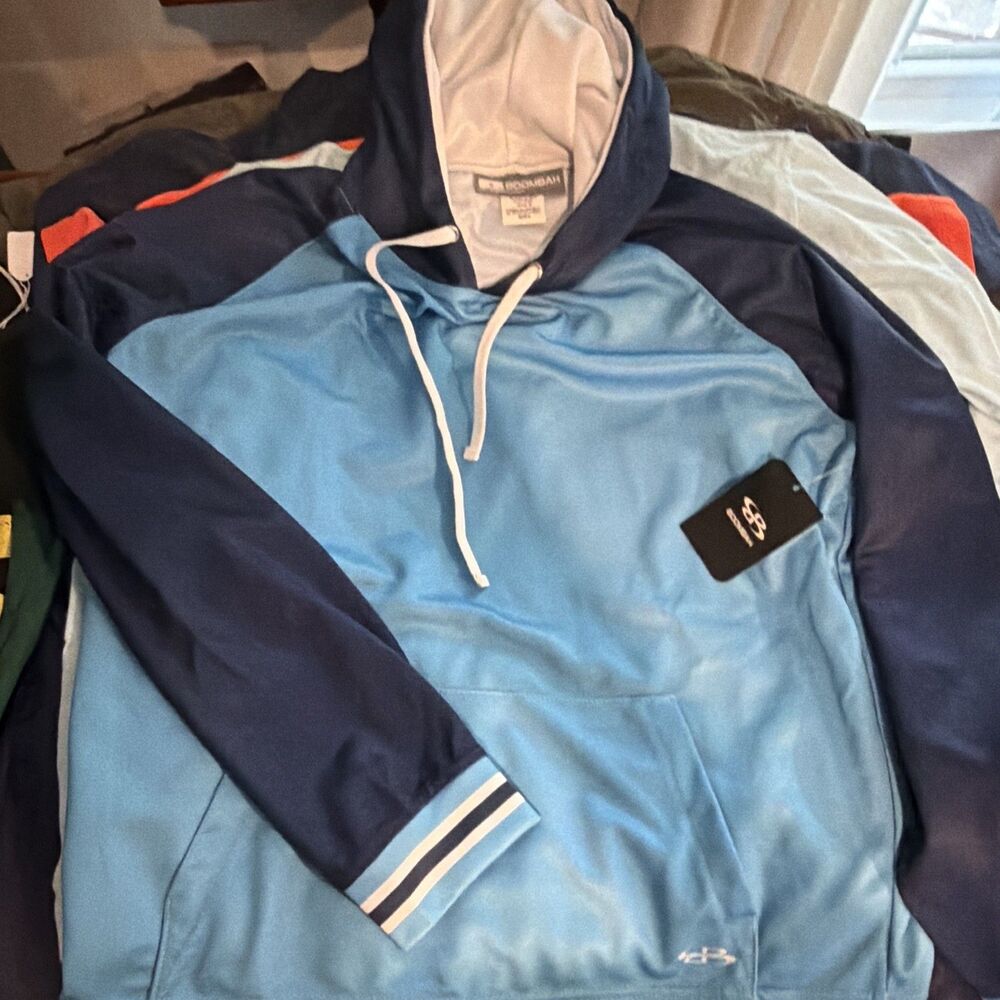 Boombah Colorblock Pullover Hoodie S Light Blue Navy Hooded Striped Cuffs Men's